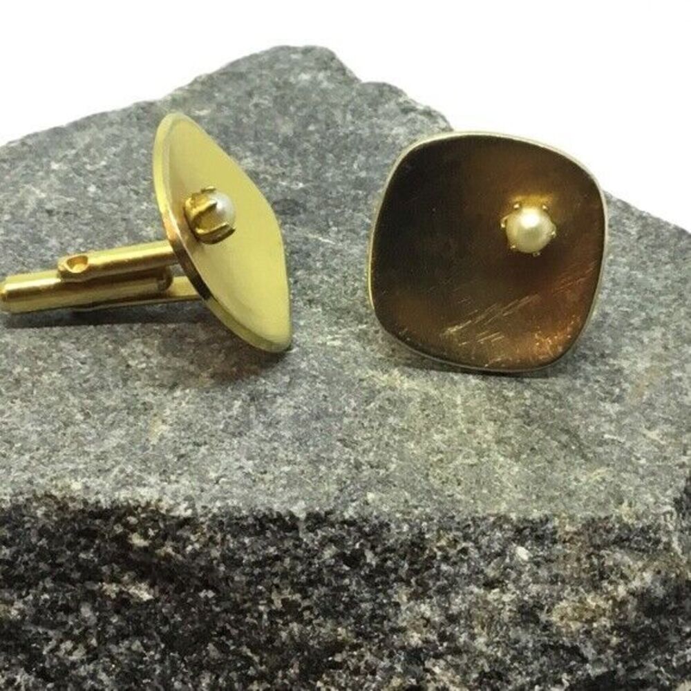 Vtg Cufflinks Concave Geometric Mid Century Gold Tone W/ Pearls MCM Luxury